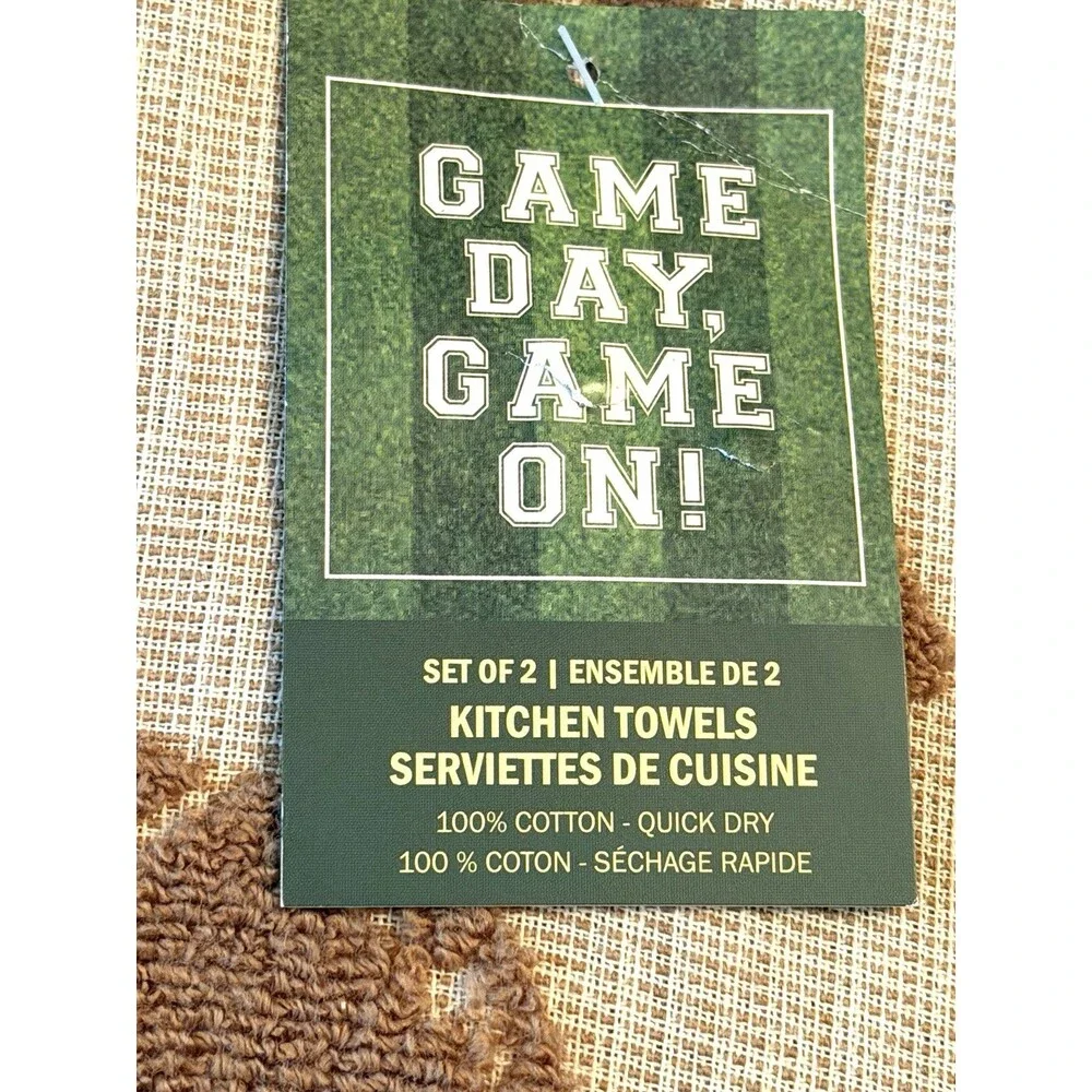 New Game Day Game On Kitchen Towels (2) Football Brown Cream 100% Cotton NWT